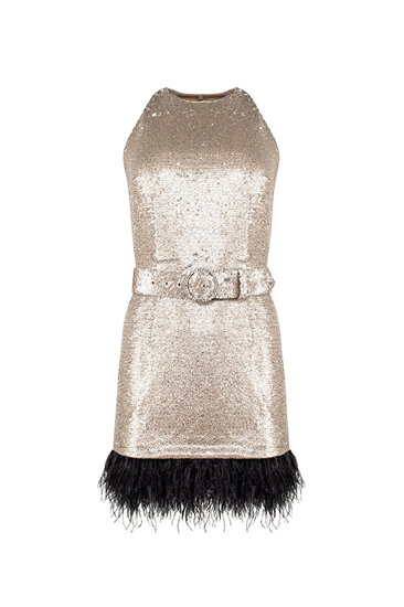 Short sequins dress with ostrich feather trim