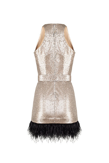 Short sequins dress with ostrich feather trim